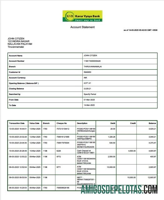 Em branco Índia Karur Boisya Extrato de conta bancária modelo Word e PDF